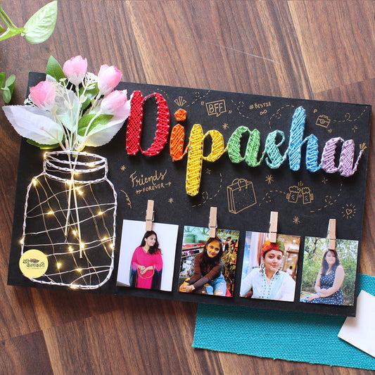 Customized Name String Art With Flowers, Light Jar & Photos