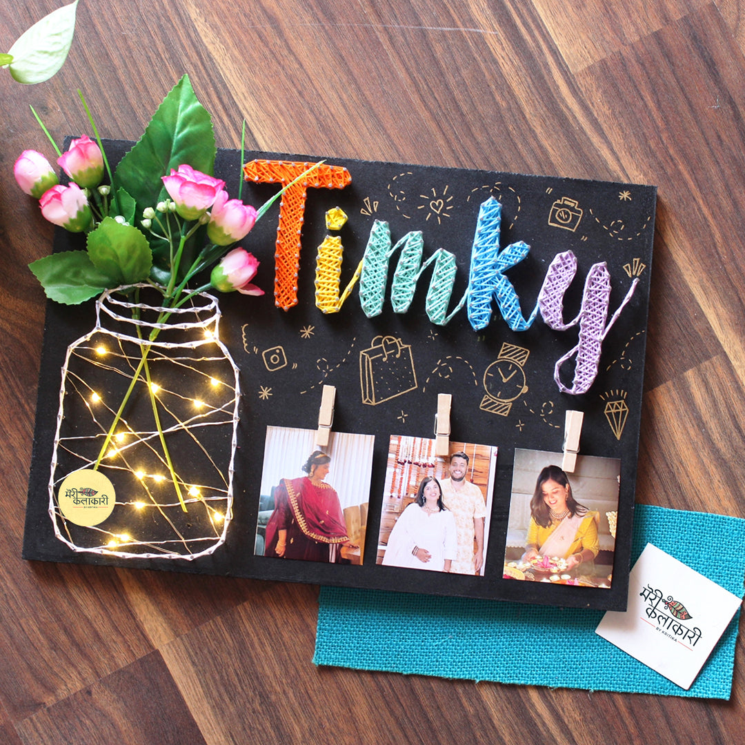 Customized Name String Art With Flowers, Light Jar & Photos