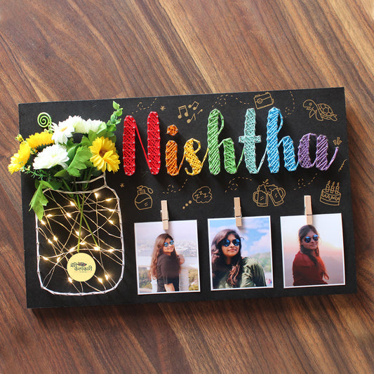 Customized Name String Art With Flowers, Light Jar & Photos