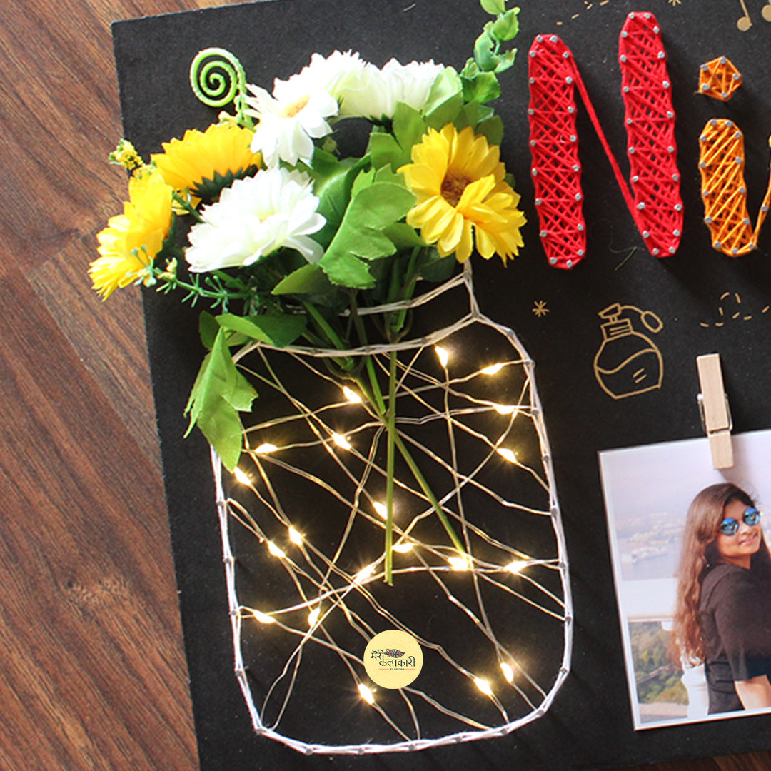 Customized Name String Art With Flowers, Light Jar & Photos