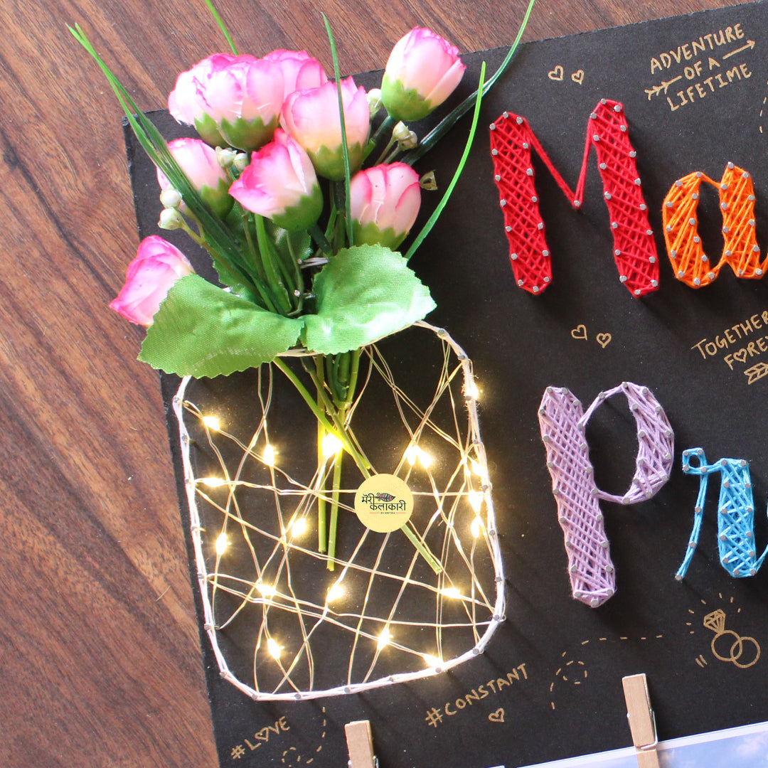 Personalized String Art Frame For Couples With Flowers, Light Jar & Photos