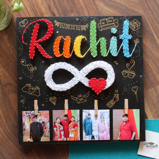 Handcrafted Personalized String Art Nameplate With Infinity Sign and Photos