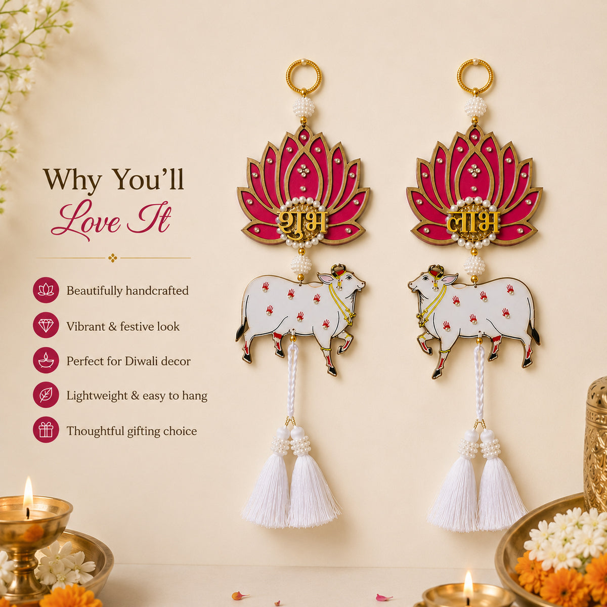 Pichwai Cow & Lotus Shubh Labh Hanging with Tassels