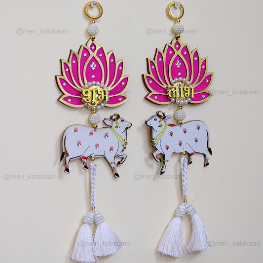 Pichwai Cow & Lotus Shubh Labh Hanging with Tassels