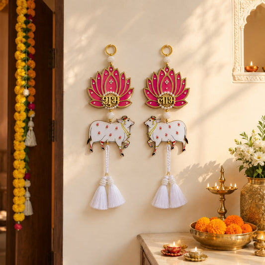 Pichwai Cow & Lotus Shubh Labh Hanging with Tassels