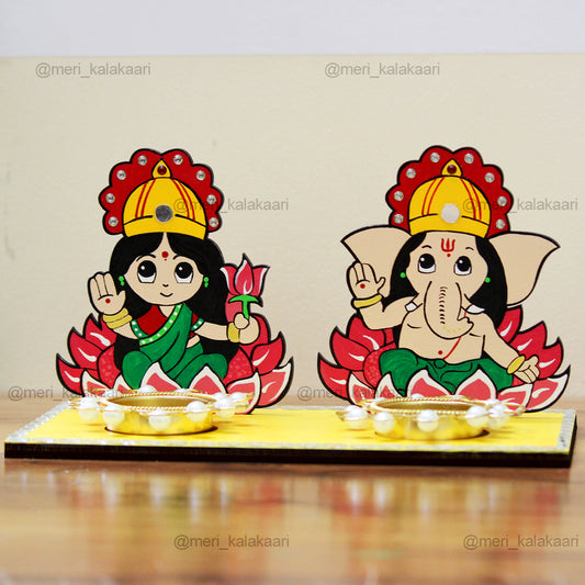 Lakshmi & Ganesh Ji Hand-painted T-Light Holder