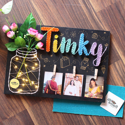 Customized Name String Art With Flowers, Light Jar & Photos