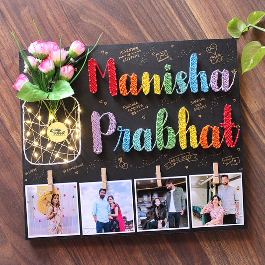 Personalized String Art Frame For Couples With Flowers, Light Jar & Photos