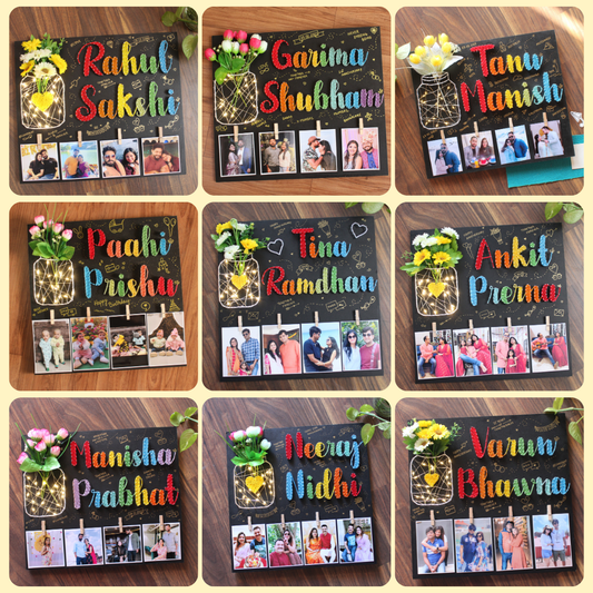 Personalized String Art Frame For Couples With Flowers, Light Jar & Photos